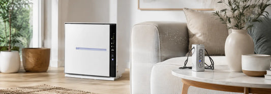 TherapyAir iOn room purifier and MyIon wearable ion device in a bright New Zealand living room