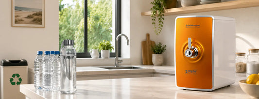 NZ kitchen bench comparing bottled water with an EdelWasser countertop water purifier for everyday drinking